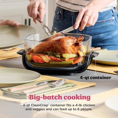 | Air Fryer | Crispi 4-In-1 Portable Cooking System | 4QT & 6 Cup Glass Containers, Crisper Plates & Storage Lids Included | Microwave, Freezer & Dishwasher Safe | Cherry Crush | FN101DR