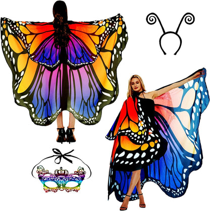 Adult Butterfly Costume Women Monarch Butterfly Wings Cape Shawl Halloween 3Pcs Mask Hairband