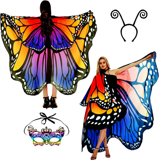 Adult Butterfly Costume Women Monarch Butterfly Wings Cape Shawl Halloween 3Pcs Mask Hairband