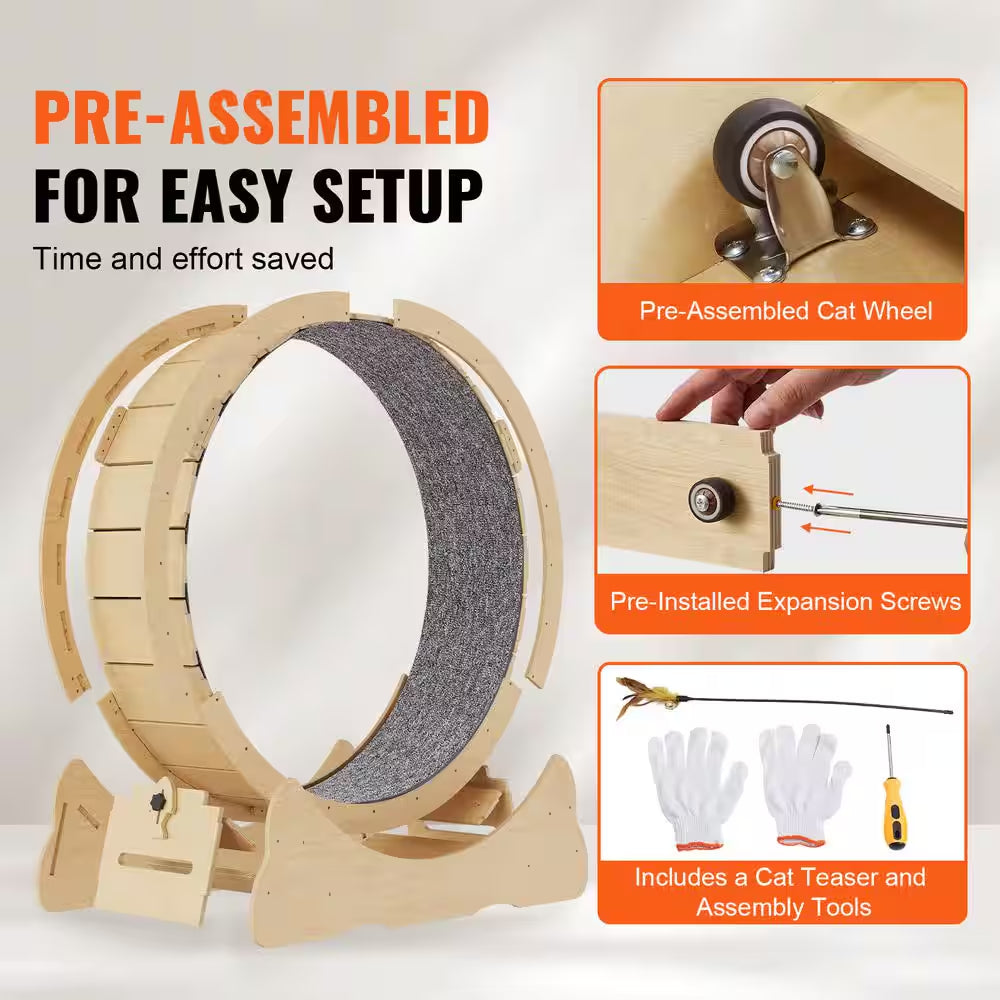Large Cat Treadmill Wheel for Cats 29.5 In. Cat Running Wheel with Detachable Carpet and Cat Teaser Furniture Cover