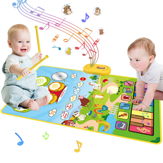 Toys for 1 Year Boys Girls, 3 in 1 Musical Mat Toys Piano & Drum Mat with 2 Sticks, Learning Floor Blanket, Christmas Birthday Gifts for 1 2 3 Year Toddlers