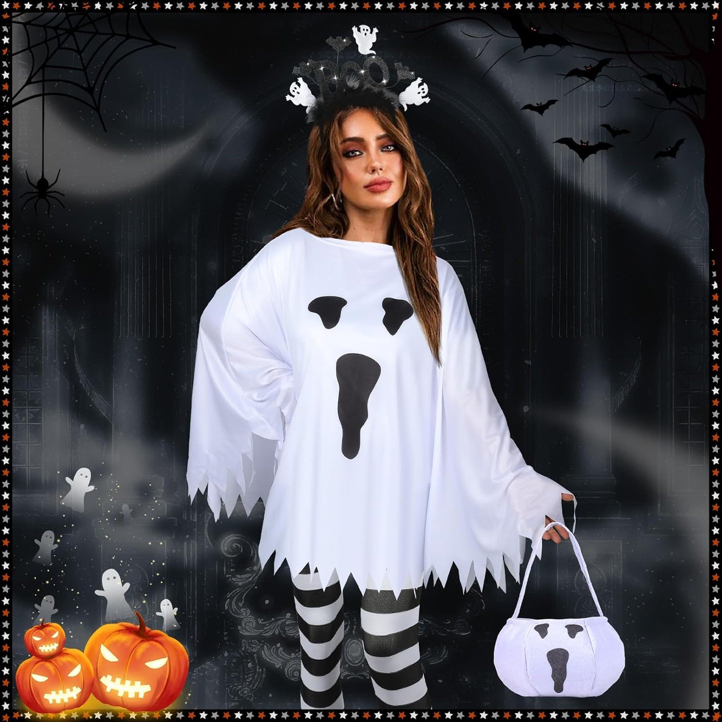 4 PCS Halloween Costume Set for Women Adult Ghost Costume, Ghost Costume Poncho, Candy Bag, Ghost Headband and Nylon Striped Tights for Halloween Cosplay Party