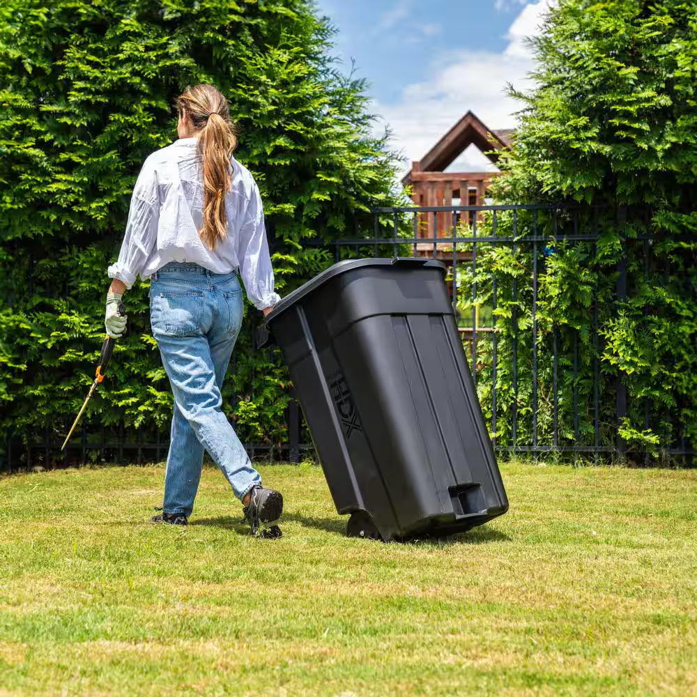 45 Gal. Black Outdoor Vented Trash Can with Wheels, Attached Lid