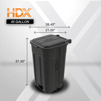 45 Gal. Black Outdoor Vented Trash Can with Wheels, Attached Lid