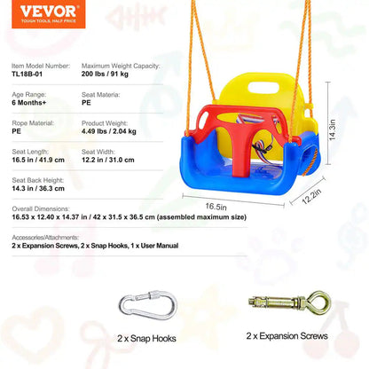 3-In-1 Toddler Swing Set Seat, 200 Lbs. Weight Capacity Baby Swing Seat, with Ropes and Snap Hooks Detachable Swing Seat