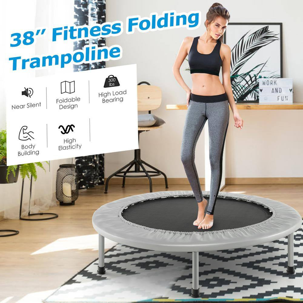 38 In. Folding Mini Trampoline Fitness Rebounder with Safety Pad Silver and Black