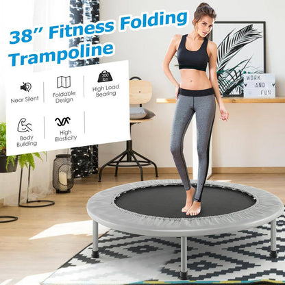 38 In. Folding Mini Trampoline Fitness Rebounder with Safety Pad Silver and Black