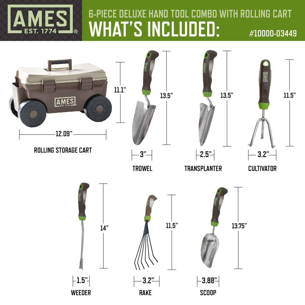 6-Piece Deluxe Hand Tool Combo and Rolling Cart Garden Tool Set