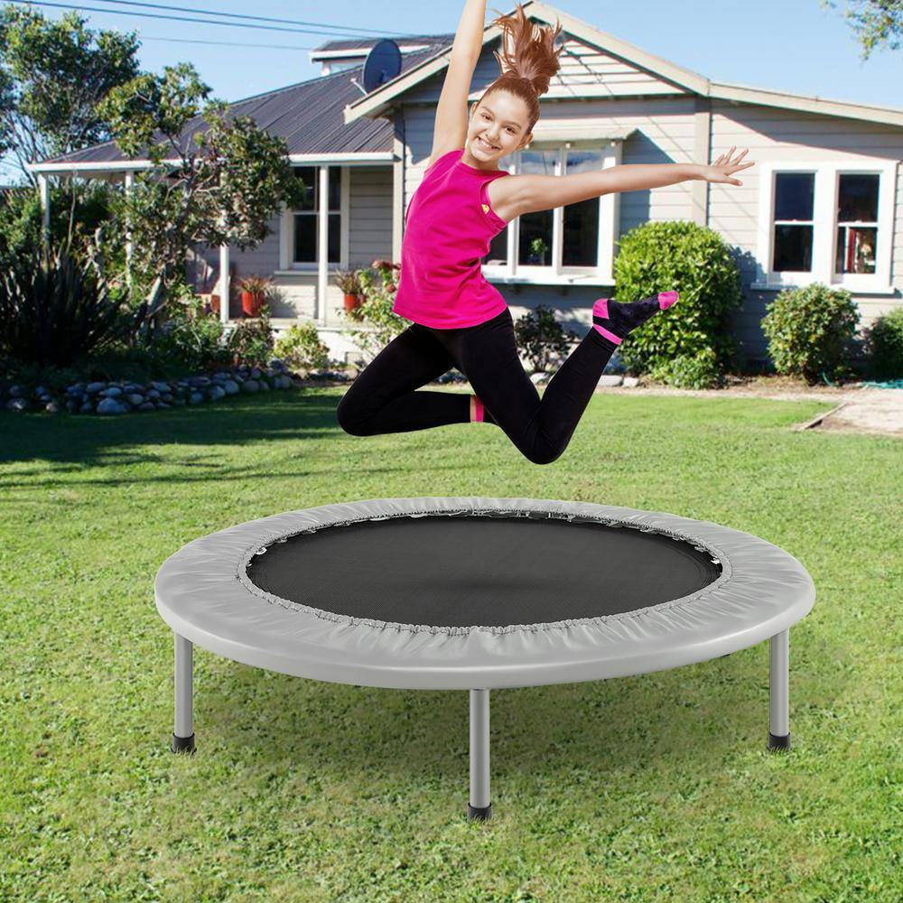 38 In. Folding Mini Trampoline Fitness Rebounder with Safety Pad Silver and Black