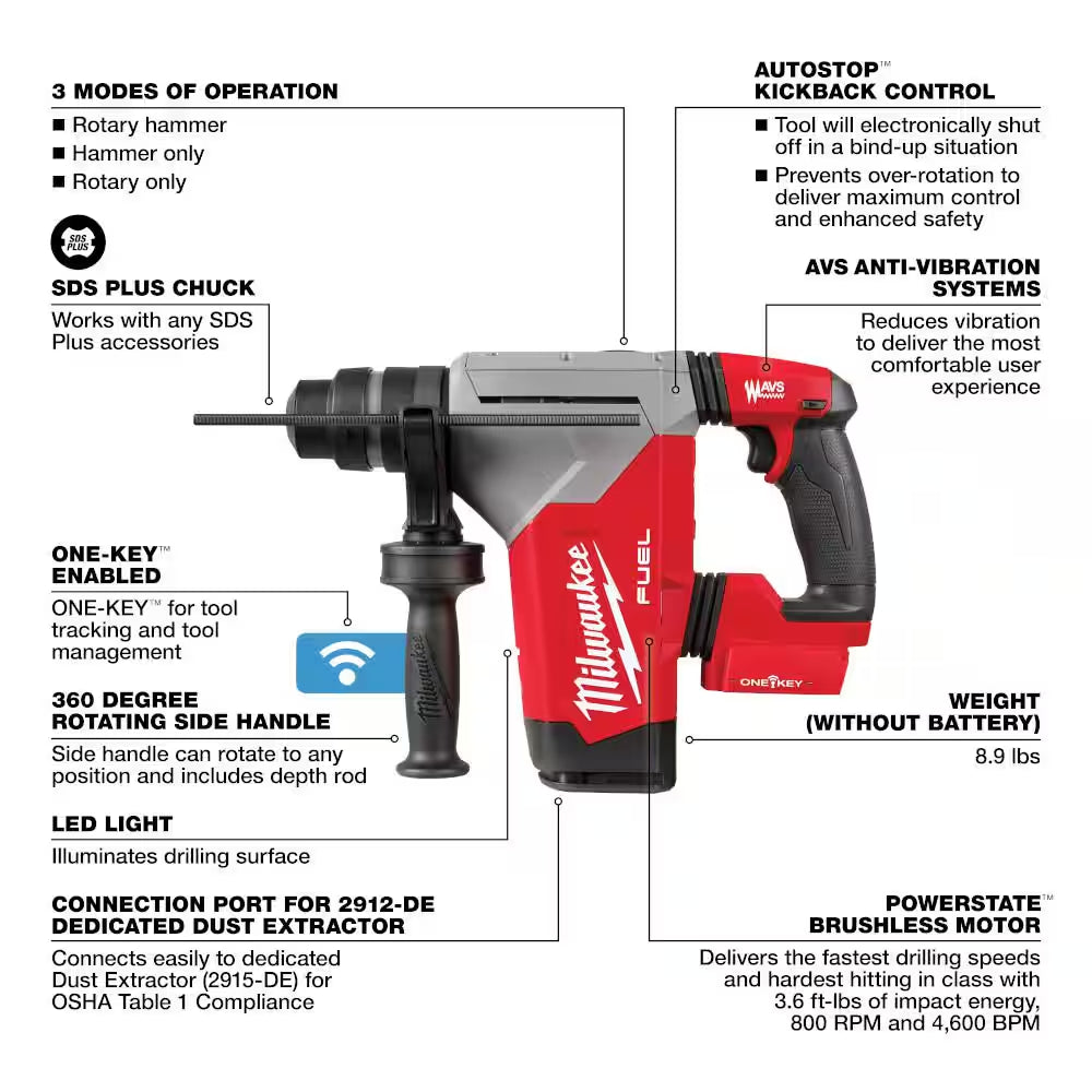 M18 FUEL 18V Lithium-Ion Brushless Cordless Sds-Plus 1-1/8 In. Rotary Hammer Drill (Tool-Only)