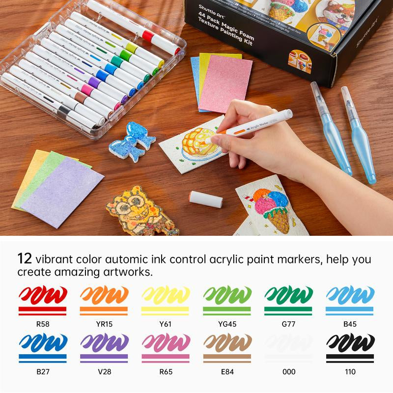 44 Pcs Magic Foam Texture Painting Kit, Including 28 Pcs Foam Texture Paper, 12 Colors Brush Tip Automatic Ink Control Acrylic Paint Markers, Magical 3D Effect Painting Kit for DIY Arts,Toys, Toy Crafts Gift