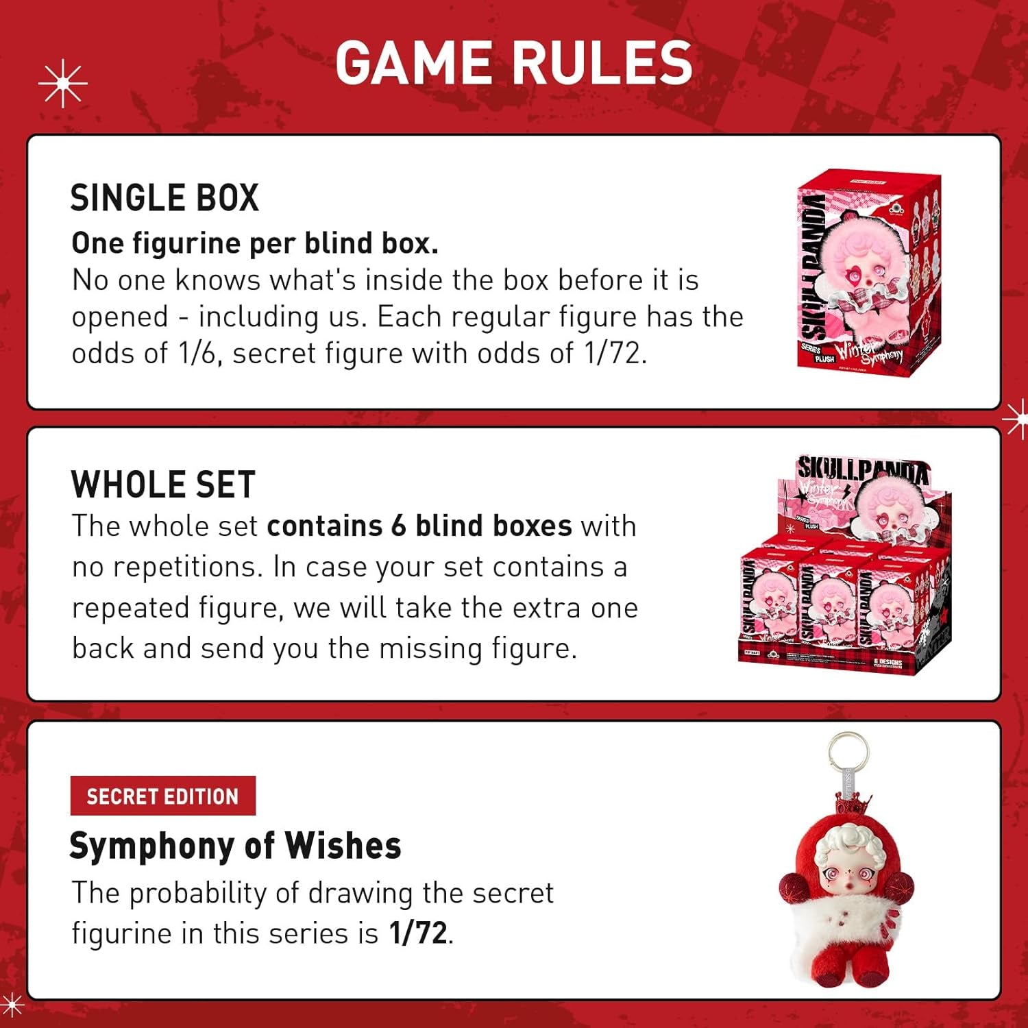 SKULLPANDA Winter Symphony Series Plush, 6Pcs Blind Box Figures, Random Design Action Figures Collectible Toys Home Decorations, Holiday Birthday Gifts, Whole Set