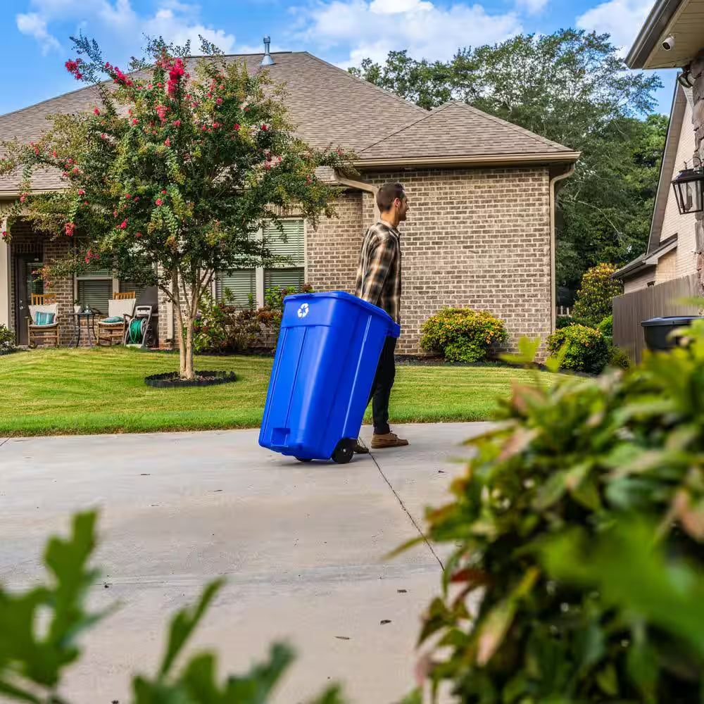 45 Gal. Blue Outdoor Vented Recycling Trash Can with Wheels, Attached Lid, Rounded Handles, and Reinforced Foothold
