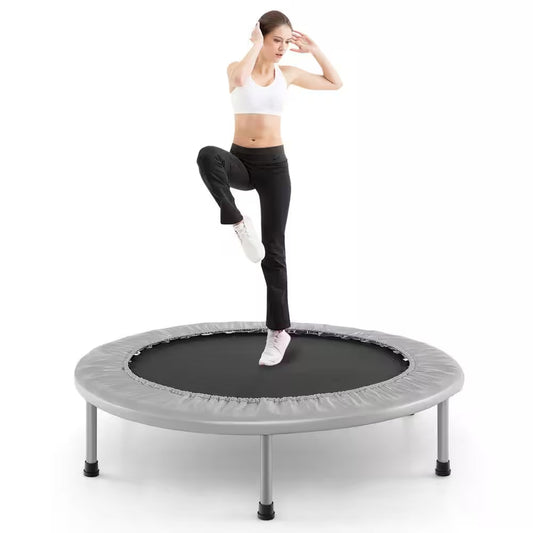38 In. Folding Mini Trampoline Fitness Rebounder with Safety Pad Silver and Black