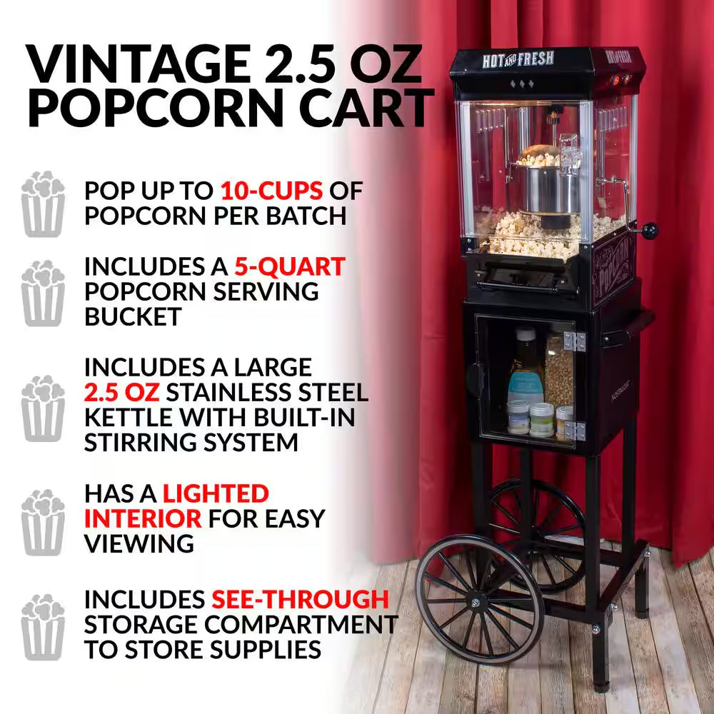 300 W 2.5 Oz. Black Popcorn Cart with 5 Qt. Popcorn Bowl