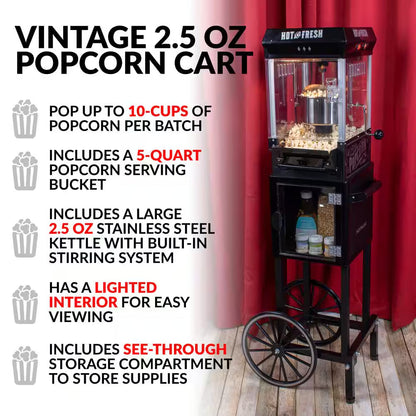300 W 2.5 Oz. Black Popcorn Cart with 5 Qt. Popcorn Bowl
