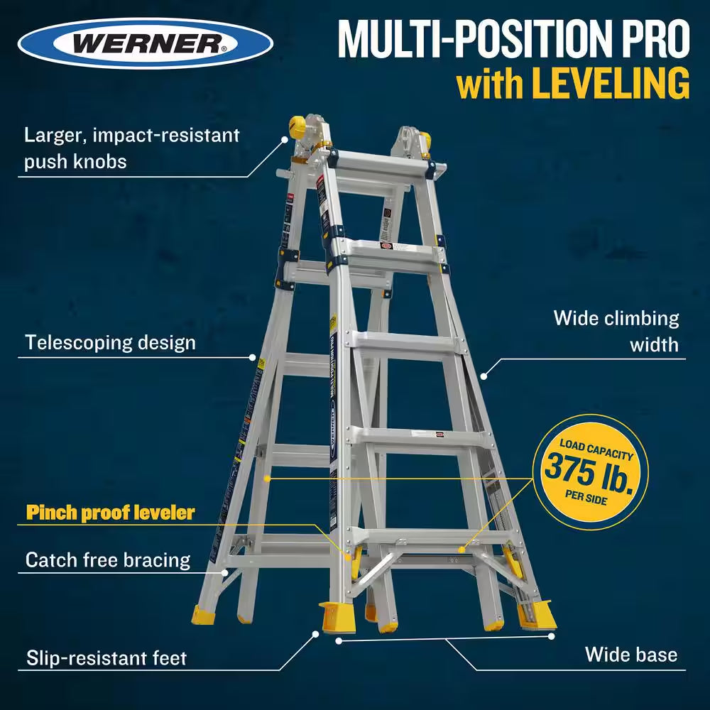 22 Ft. Reach Aluminum 5-In-1 Multi-Position Pro Ladder with Built-In Leveling 375 Lbs. Load Capacity Type IAA Duty