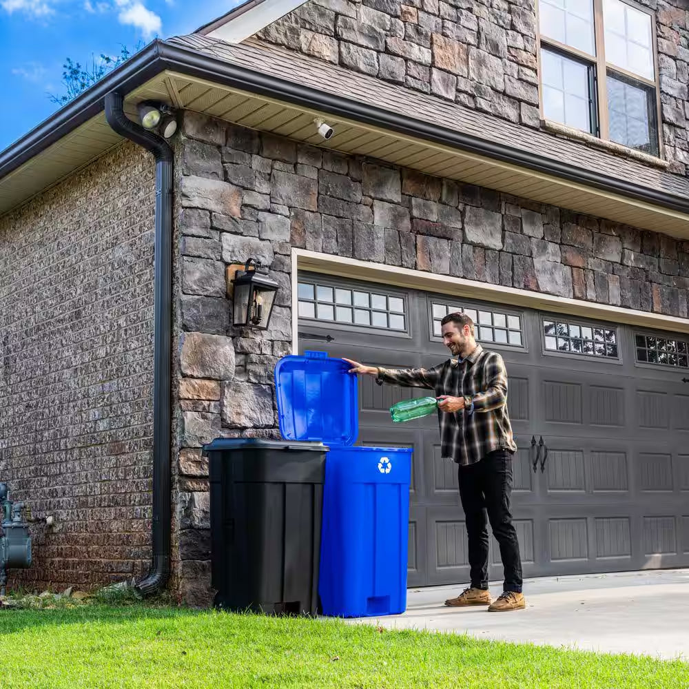 45 Gal. Blue Outdoor Vented Recycling Trash Can with Wheels, Attached Lid, Rounded Handles, and Reinforced Foothold
