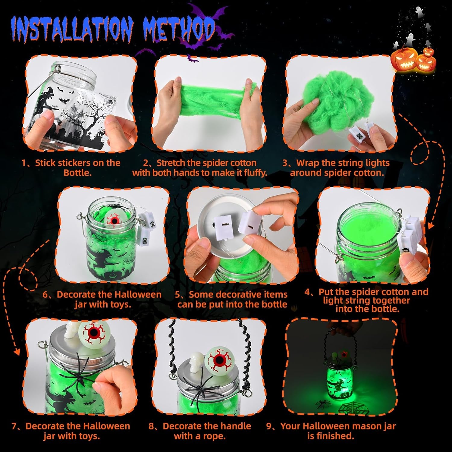 Halloween Crafts for Kids, 3 Pack Glass Mason Jar with Accessories, Halloween Toys Party Favor Garden Creative Activities Decoration Art Project