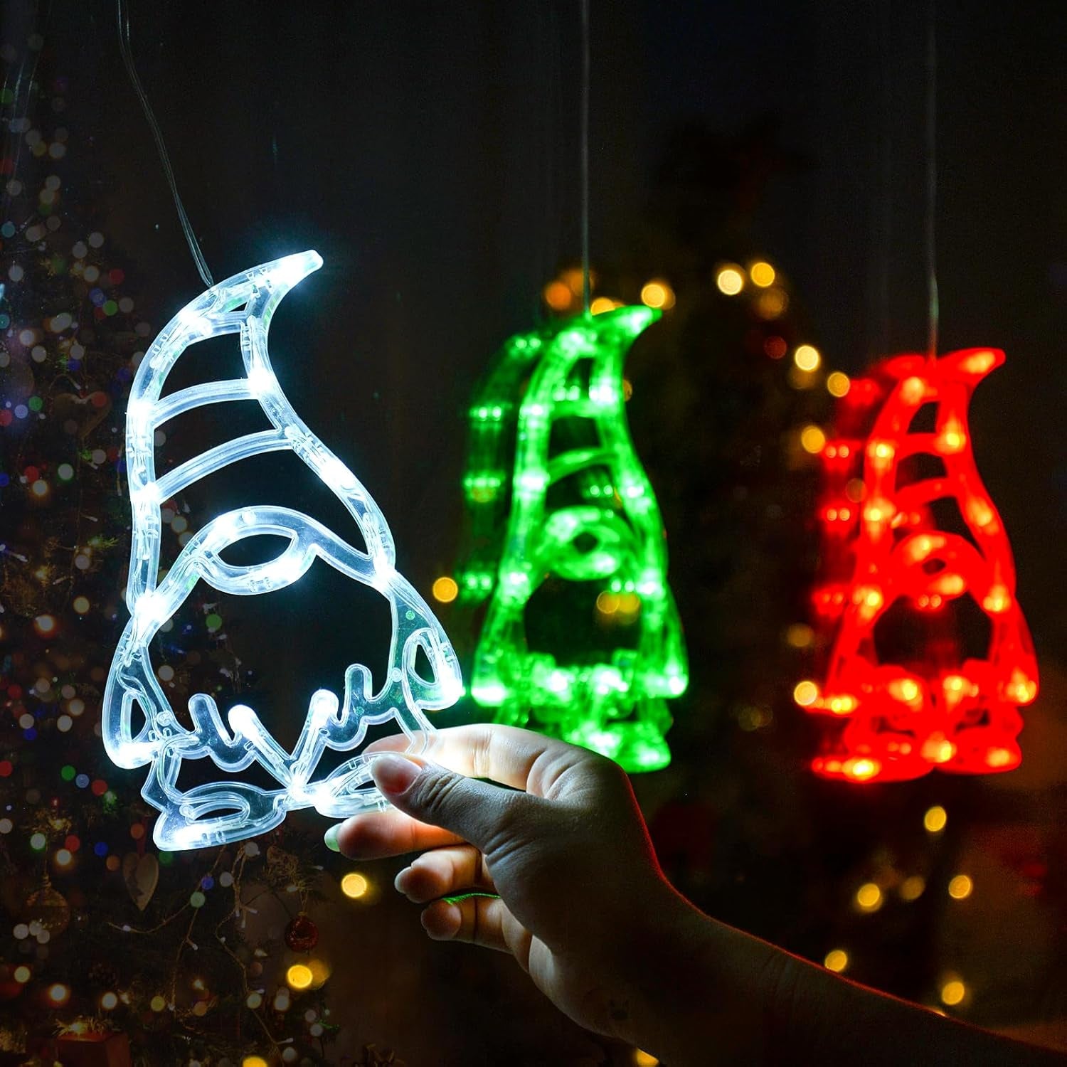 Christmas Window Lights 3 Pack Red White and Green Gnomes Xmas Lights with Suction Cups 2024 Upgrade Timer Function and Slowly Fade Mode Battery Operated Indoor Decors Christmas Decorations