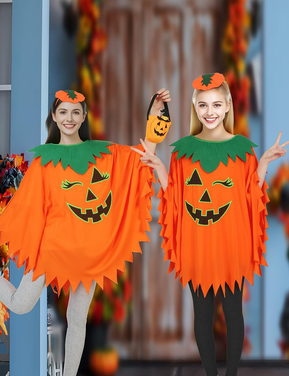 Halloween Pumpkin Costume for Women Kids,Glow in the Dark Adult Halloween Costume with Poncho,Headband & Bag