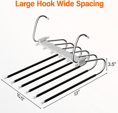 Upgraded Collapsible Pants Hangers Space Saving, 6 Layers Clothes Rack, Stainless Steel Multifunctional Closet Organizer, Non Slip Metal Hangers for Pants Jeans Skirts Trousers (2 Pack)