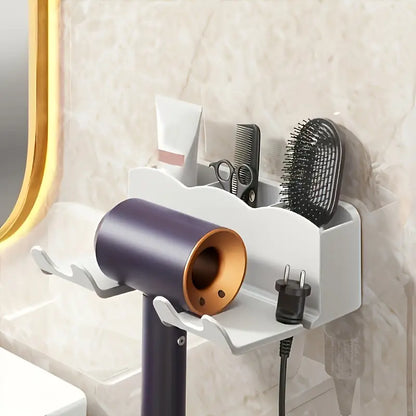 Wall-Mounted Hair Dryer Holder – No-Drill Bathroom Organizer Shelf with Multi-Compartment Storage Rack for Hair Tools & Accessories
