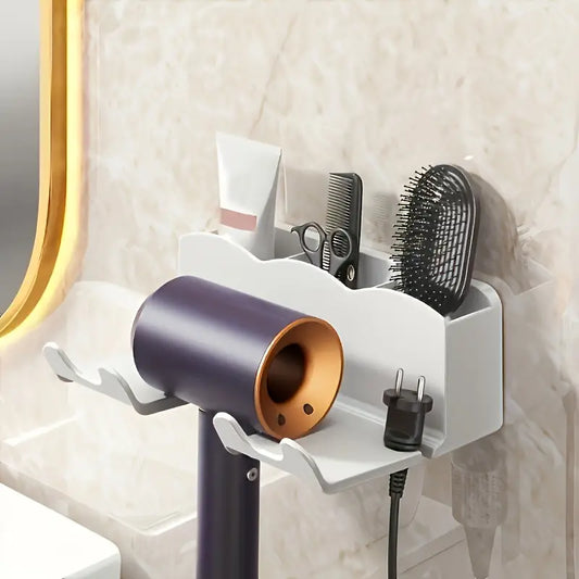 Wall-Mounted Hair Dryer Holder – No-Drill Bathroom Organizer Shelf with Multi-Compartment Storage Rack for Hair Tools & Accessories