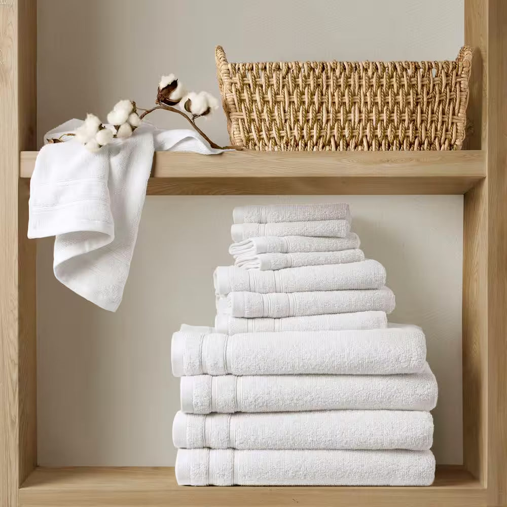 400GSM Essential Bundle 12-Piece White Cotton Bath Towel Set