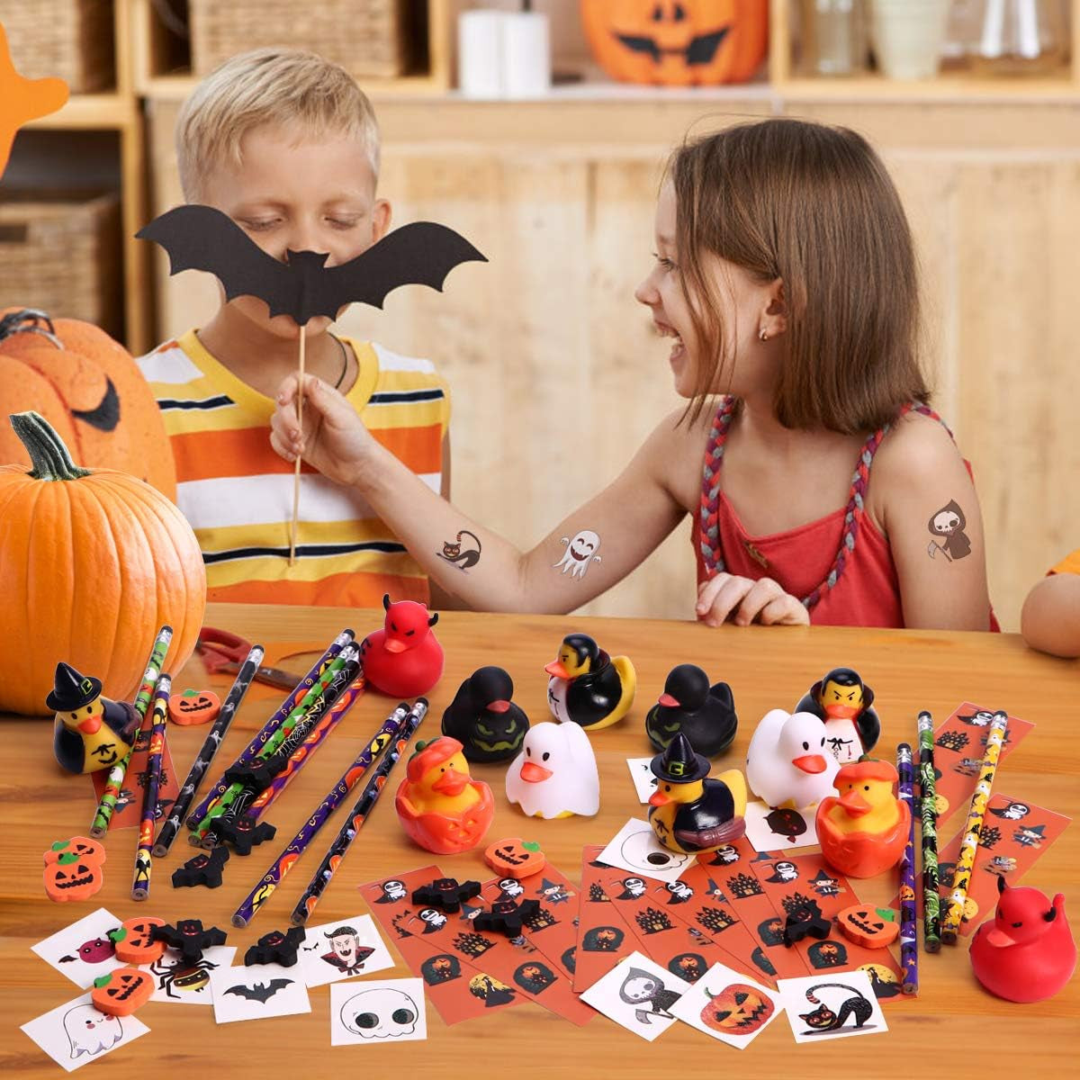 156-Piece Party Favors Assortment | 72 Glitter Tattoos | 48 Erasers | 12 Ducks | 12 Sticker Sheets | 12 Pencils - Halloween Themed