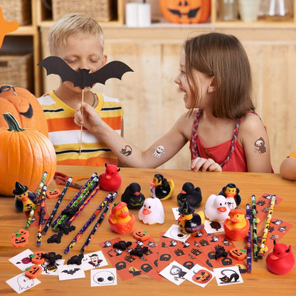 156-Piece Party Favors Assortment | 72 Glitter Tattoos | 48 Erasers | 12 Ducks | 12 Sticker Sheets | 12 Pencils - Halloween Themed