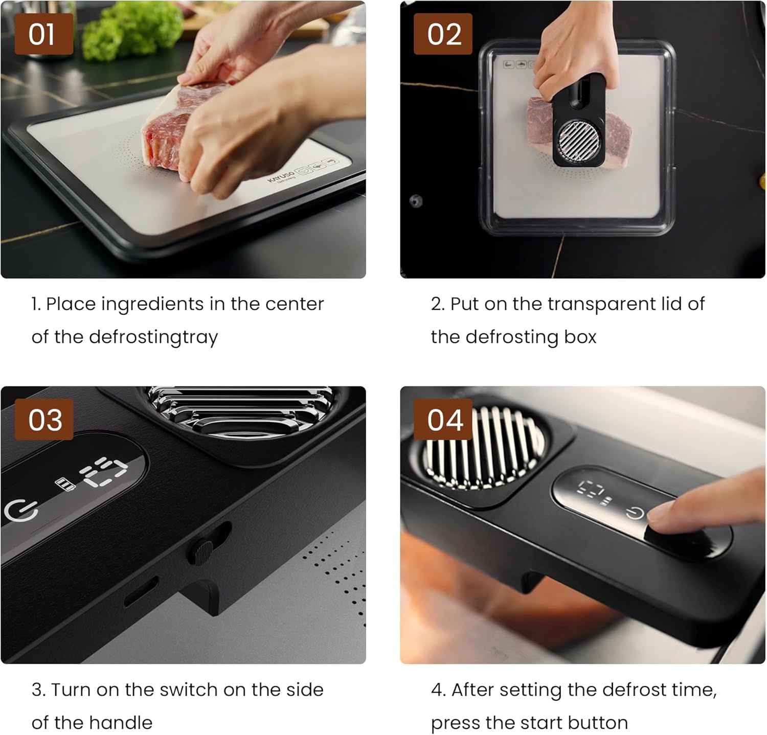 Quick Defrosting Tray for Frozen Meat - Rechargeable Meat Defrosting Tray with Lid, Timable Thawing Box for Frozen Food, Suitable for Frozen Steak, Chicken, Fish, Shrimp and Seafood (Black)