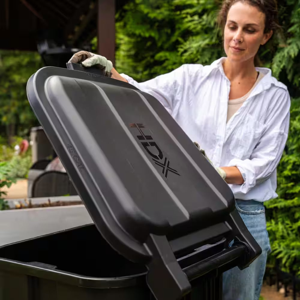 45 Gal. Black Outdoor Vented Trash Can with Wheels, Attached Lid