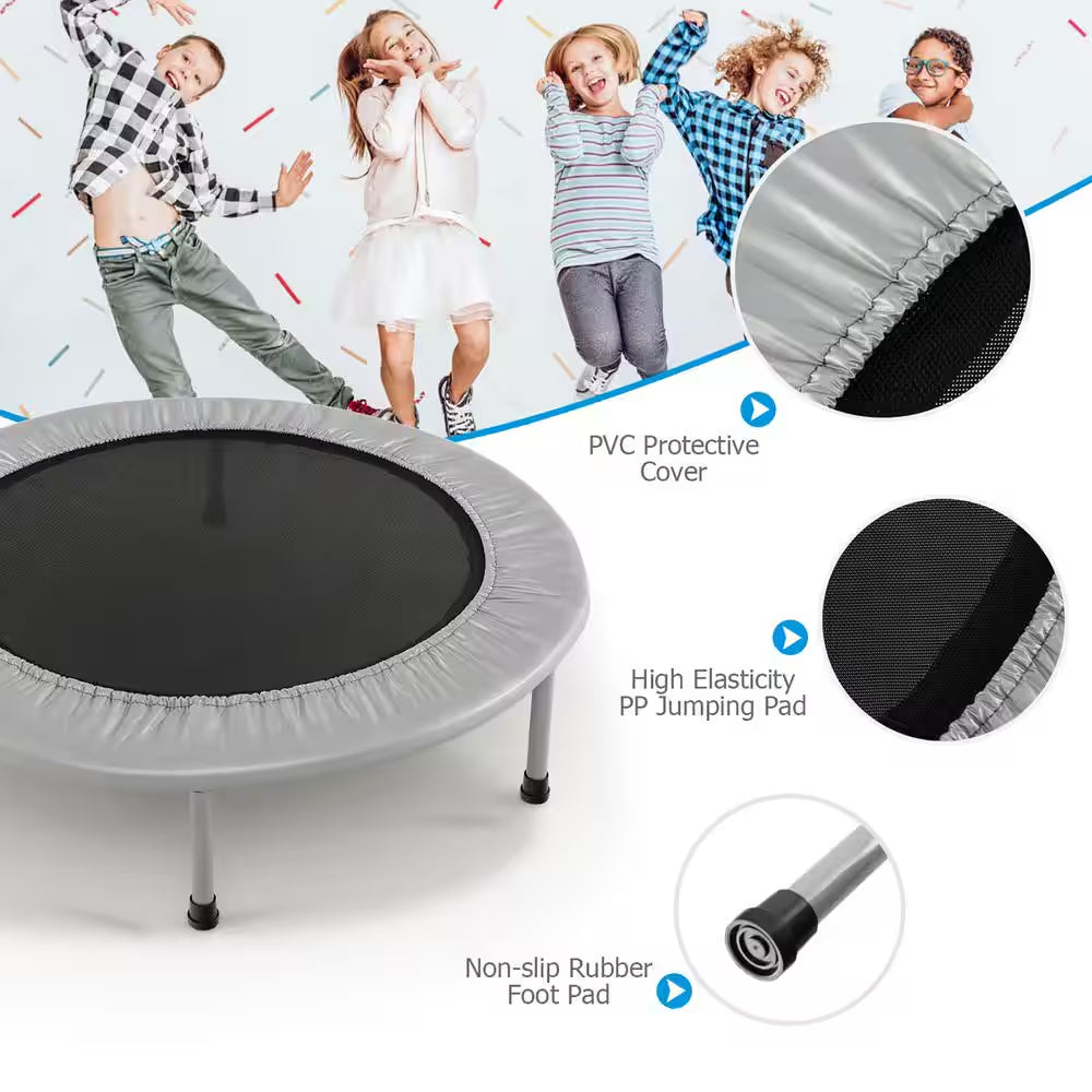 38 In. Folding Mini Trampoline Fitness Rebounder with Safety Pad Silver and Black