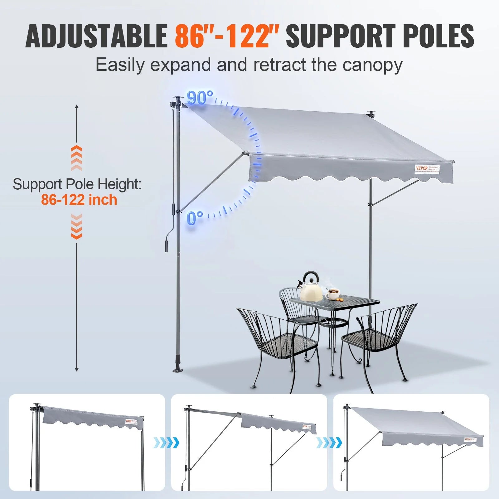 VEVOR Manual Retractable Awning, 78 Outdoor Retractable Patio Awning Sunshade Shelter, Adjustable Patio Door Window Awning Canopy with 39 Sun Shade Curtain for Backyard, Garden, Balcony