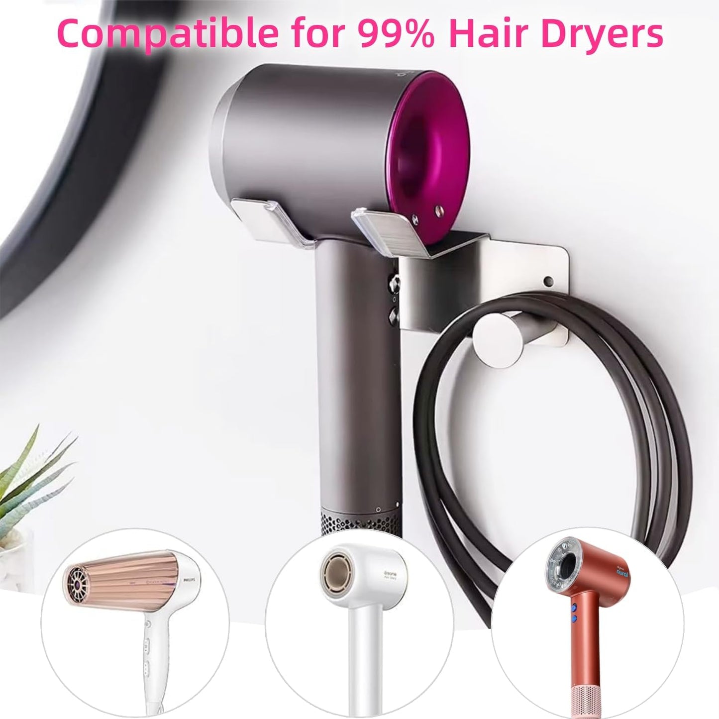 Hair Dryer Holder, Hair Dryer Holder Wall Mounted, Self Adhesive Blow Dryer Holder, Stainless Steel Dyson Hair Dryer Holder, Hairdryer Holder for Bathroom