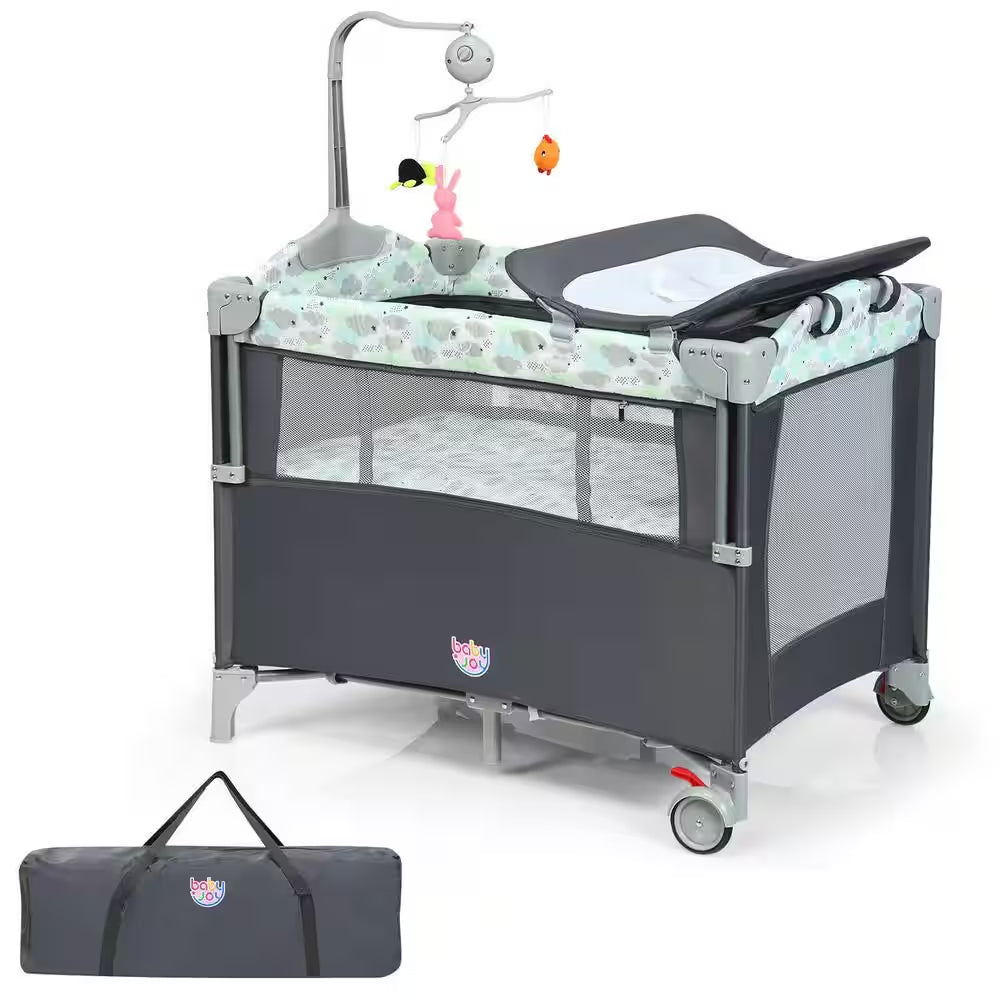 5-In-1 Gray Portable Baby beside Sleeper Bassinet Crib Playard with Diaper Change