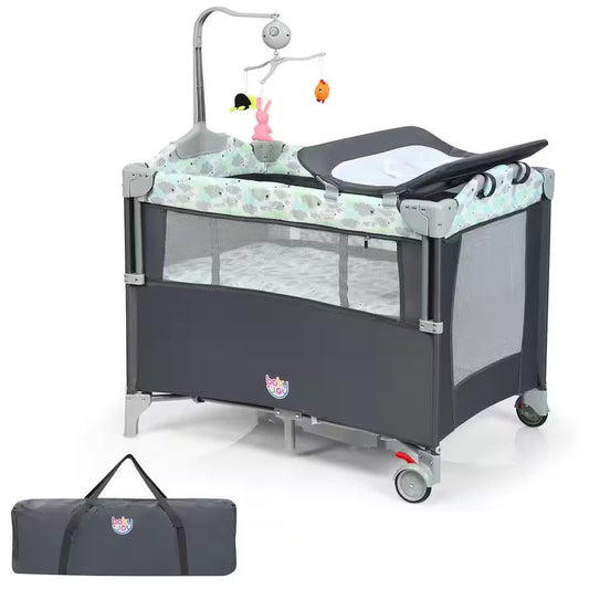 5-In-1 Gray Portable Baby beside Sleeper Bassinet Crib Playard with Diaper Change