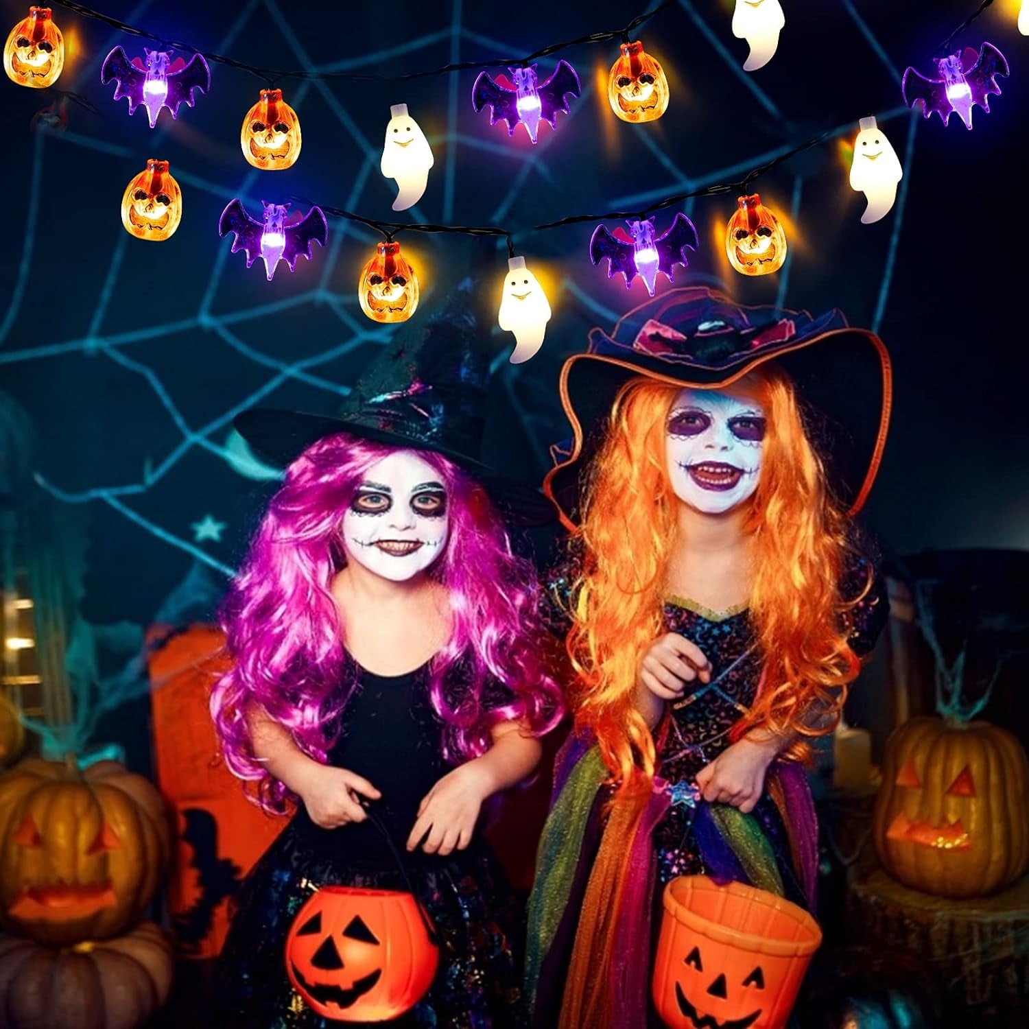 Halloween Lights, 20Ft 30 LED Pumpkin Ghost Bat String Lights Battery Operated with Timer, 8 Light Modes Halloween Fairy Lights for Indoor Outdoor Party Home Yard Window Decor