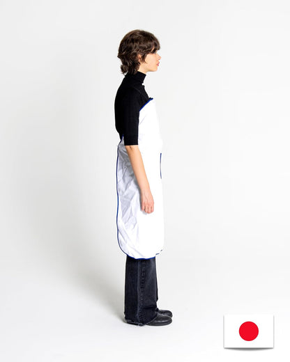 ONE TOUCH APRON PRO with POCKET - Strapless Apron – No Shoulder Strain, White and Blue Kitchen Apron without Ties - Waterproof Apron - Japan Brand