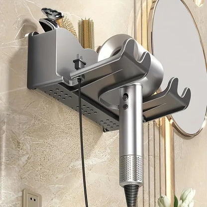 Wall-Mounted Hair Dryer Holder – No-Drill Bathroom Organizer Shelf with Multi-Compartment Storage Rack for Hair Tools & Accessories