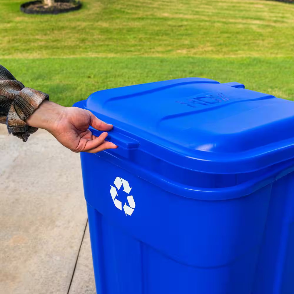 45 Gal. Blue Outdoor Vented Recycling Trash Can with Wheels, Attached Lid, Rounded Handles, and Reinforced Foothold