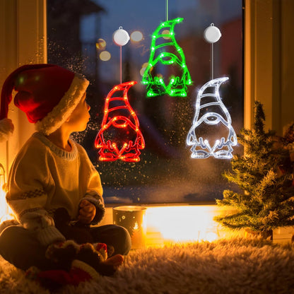Christmas Window Lights 3 Pack Red White and Green Gnomes Xmas Lights with Suction Cups 2024 Upgrade Timer Function and Slowly Fade Mode Battery Operated Indoor Decors Christmas Decorations