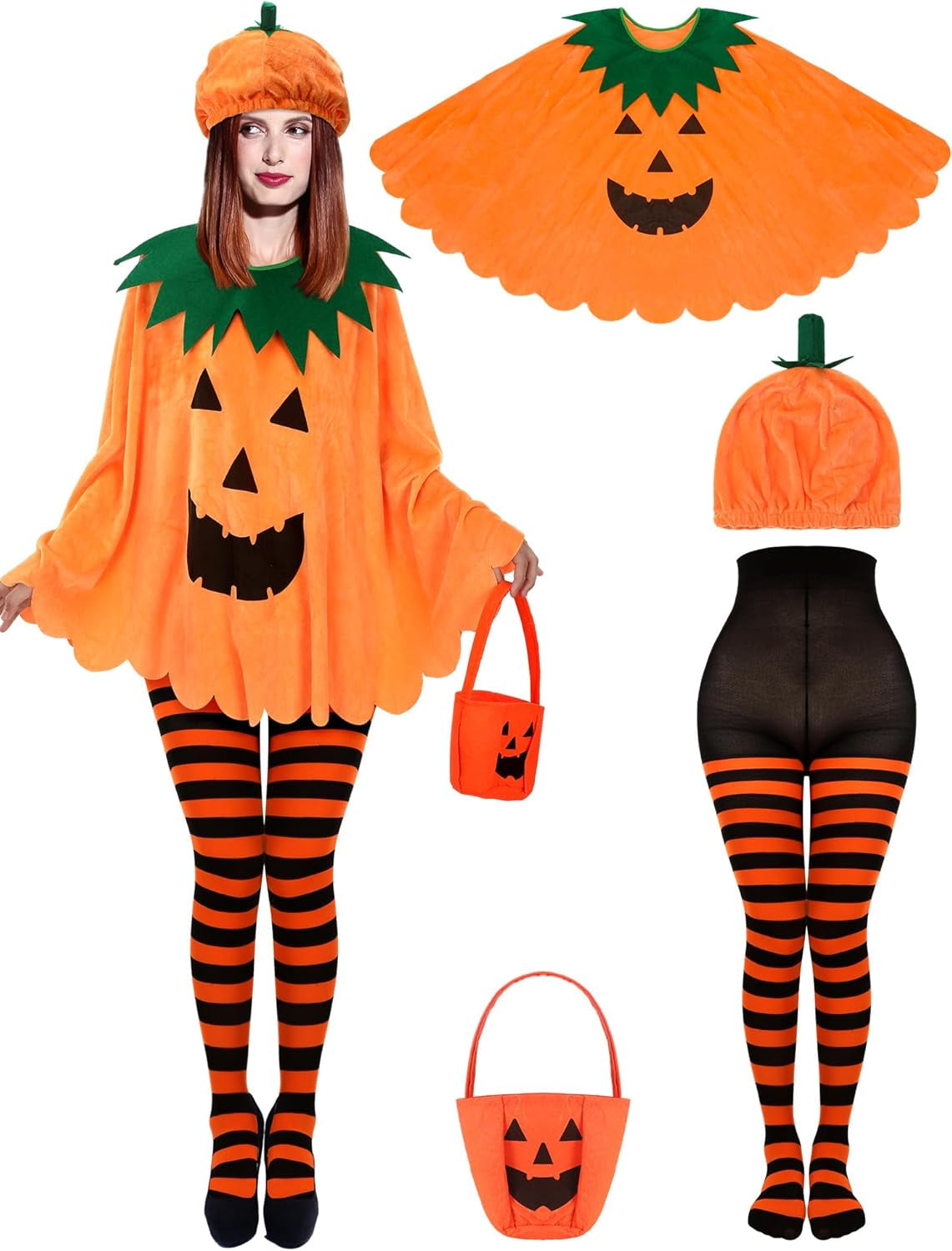 4 Pcs Halloween Adult Pumpkin Costume Set Pumpkin Cloak Poncho with Candy Bag Funny Hat Striped Tights for Women Party Cosplay Clothes Multicolor