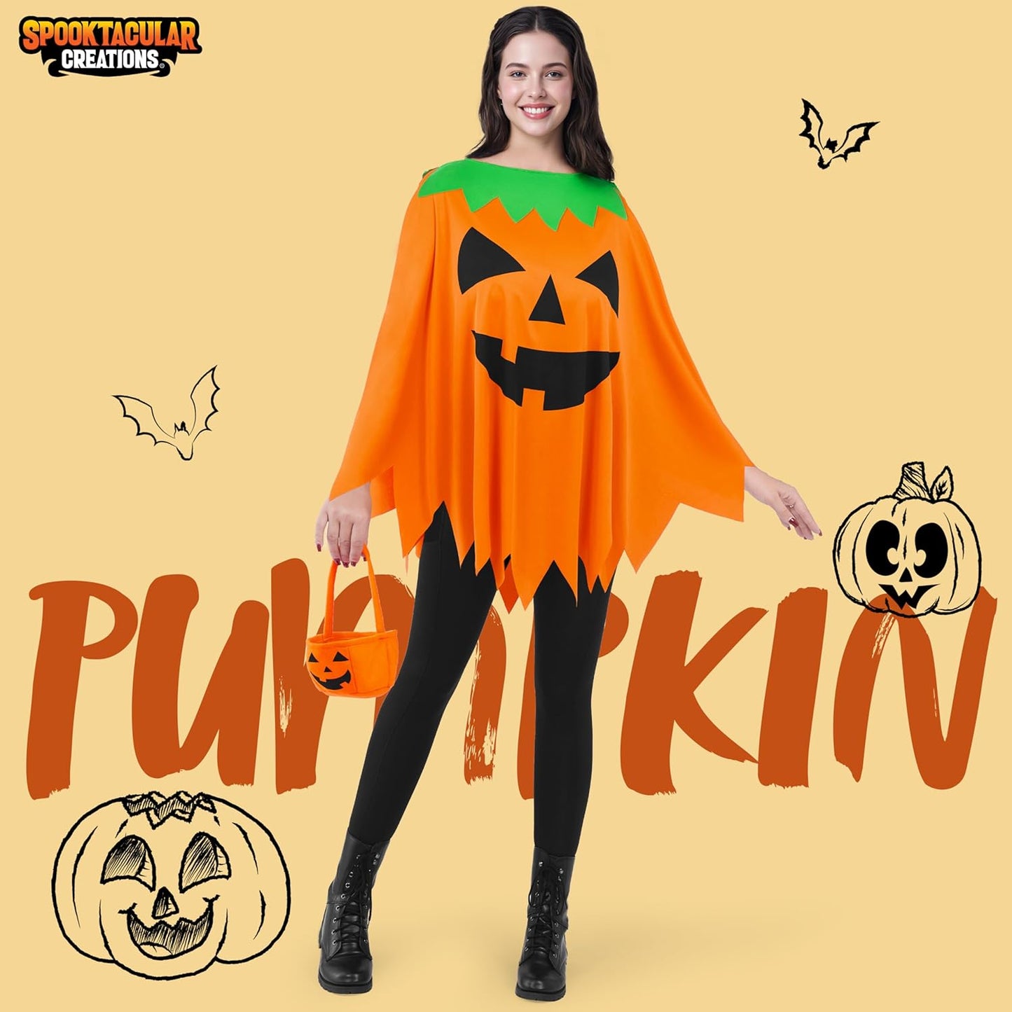 Halloween Pumpkin Poncho Costume, Pumpkin Costume Set for Women for Adult to Halloween Parties, Adult Parties, Ghost Costumes Events and Role Play