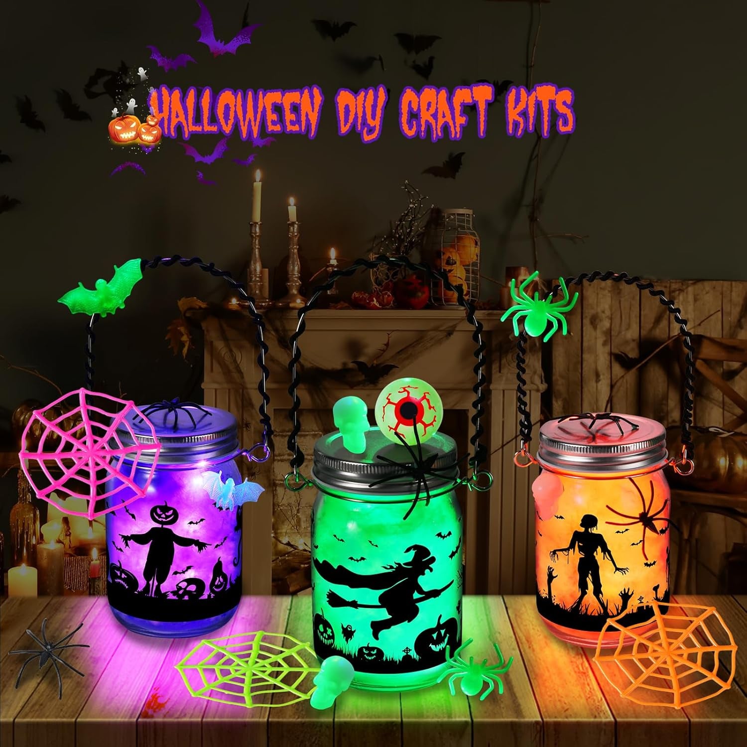 Halloween Crafts for Kids, 3 Pack Glass Mason Jar with Accessories, Halloween Toys Party Favor Garden Creative Activities Decoration Art Project