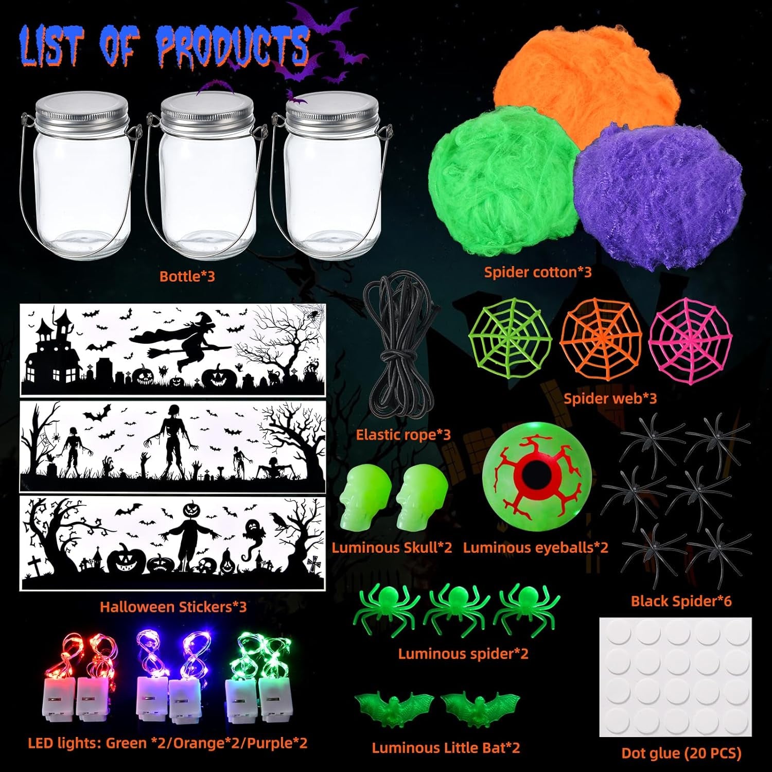 Halloween Crafts for Kids, 3 Pack Glass Mason Jar with Accessories, Halloween Toys Party Favor Garden Creative Activities Decoration Art Project