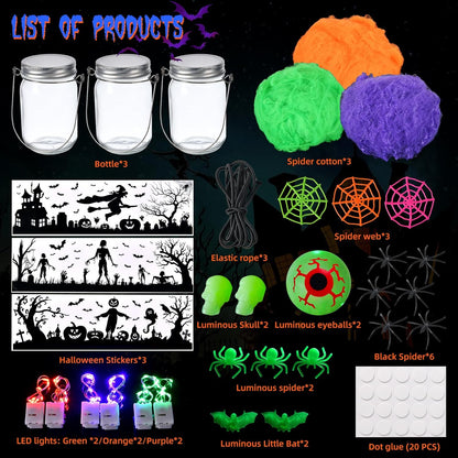 Halloween Crafts for Kids, 3 Pack Glass Mason Jar with Accessories, Halloween Toys Party Favor Garden Creative Activities Decoration Art Project
