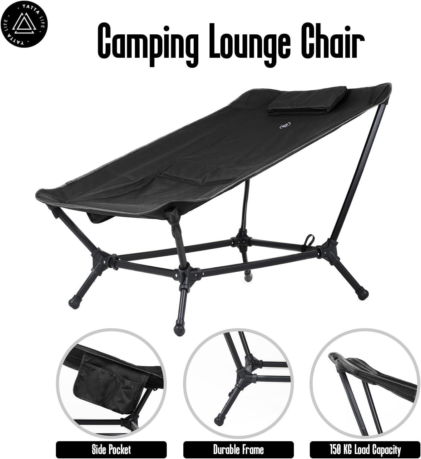 Low Back Folding Camping Chairs for Adults with Storage Pouches & Carrying Case - Foldable Lawn Chairs, Beach Chair, Fishing Chair, Portable Lightweight Outdoor Chair. (Black)