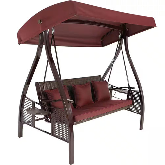 Deluxe Steel Frame Porch Swing with Maroon Cushion, Canopy and Side Tables